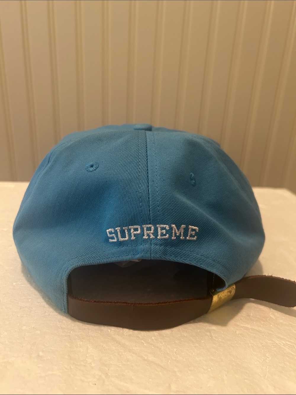 Supreme Made in U.S.A Light Blue Hat Cap Embroidered white Logo leather strap